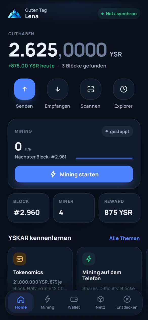 YSKAR app home screen with balance and mining